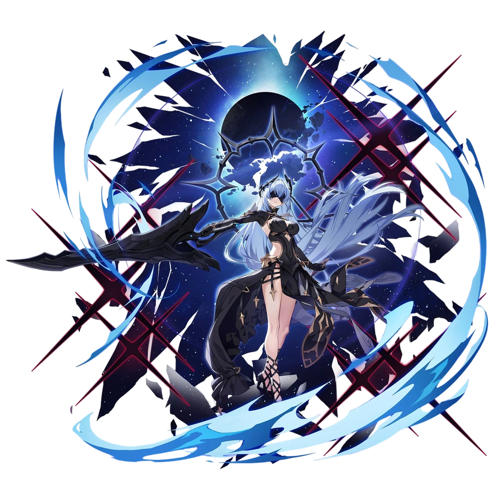 WOF, sword drawn, in front of a shattered moon
